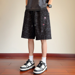 夏季 扎染刺绣运动短裤 美式 特P28 子 DK26305 休闲直筒五分裤 华棉