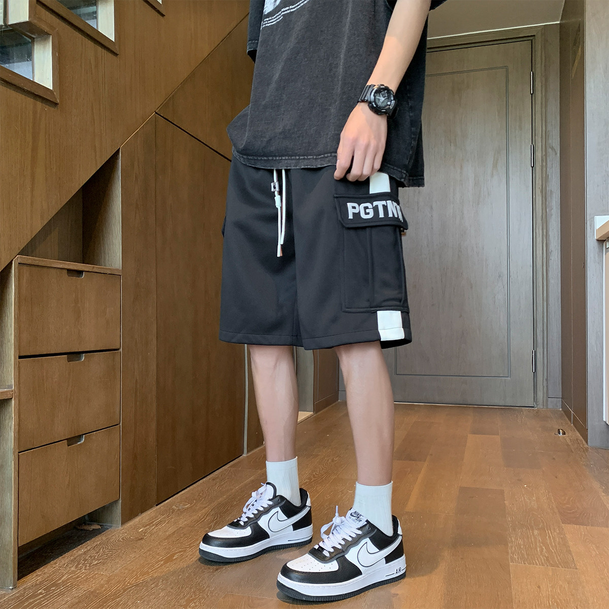 wassuphappy工装短裤男夏季薄款潮牌大码运动裤宽松休闲五分裤子,男装牛仔裤,电商A107