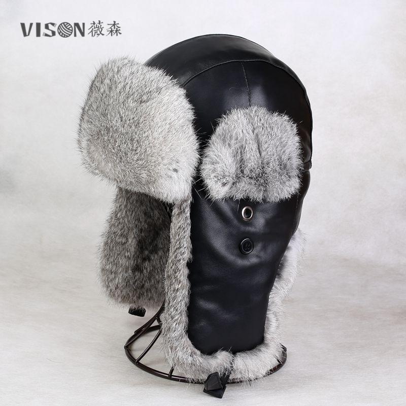 VISON 雷锋帽真皮兔毛皮草帽子男女冬季中青年户外棉帽护耳滑雪帽