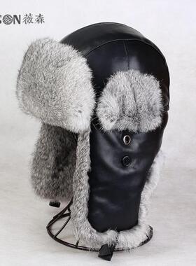 VISON 雷锋帽真皮兔毛皮草帽子男女冬季中青年户外棉帽护耳滑雪帽