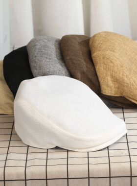 VISON亚麻鸭舌帽子春夏季透气英伦复古纯色前进贝雷帽男女百搭潮