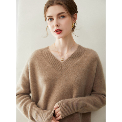 五针三股！气质V领100山羊绒衫女