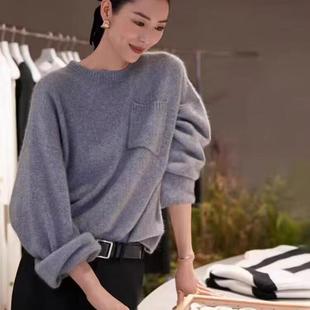 大表姐刘雯同款羊绒衫女圆领baby小山羊绒毛衣套头宽松显瘦针织衫