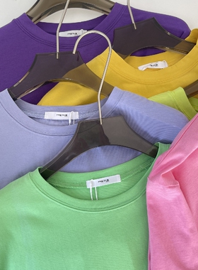 Auroral 2024夏季新款糖果色纯棉短袖t恤女宽松纯色百搭上衣男