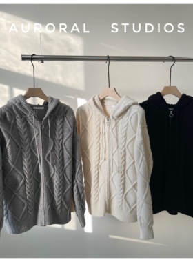 Auroral秋冬新款拉链上衣男女情侣外套开衫复古麻花宽松毛衣慵懒