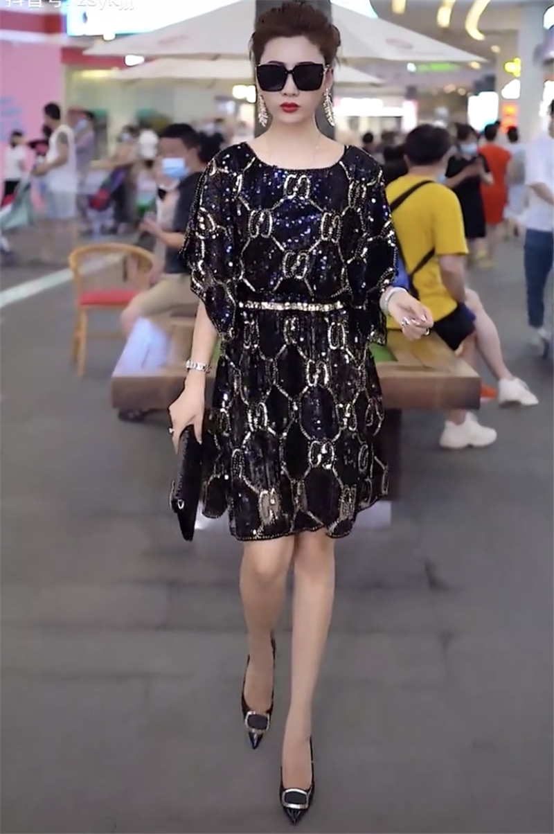 夏女短袖时尚套头全身亮片冰麻宽松大码腰带圆领连衣裙休闲连衣裙