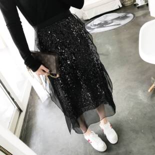 新款韩版气质少女心裙子ins亮片百搭仙仙的拼接雪纺半身裙中裙潮