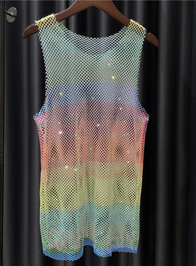 男女装 春夏璀璨亮钻彩虹背心镂空彩钻超仙百搭上衣薄款透视网衫