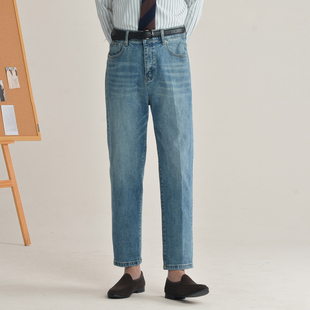复古轻奢显瘦休闲九分牛仔裤 男时尚 潮 蓝色水洗直筒牛仔裤 春夏经典