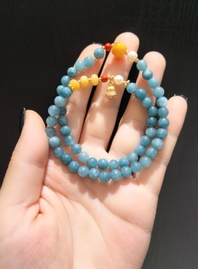 6m蓝水翡翠配蜜蜡天然珍珠双圈手串手链圈口较大