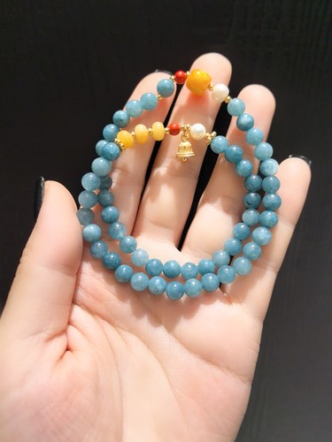 6m蓝水翡翠配蜜蜡天然珍珠双圈手串手链圈口较大