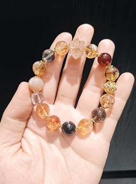 11m黄塔发晶石榴茶晶方糖白水晶等金霸手串手链品质上乘暴力招米