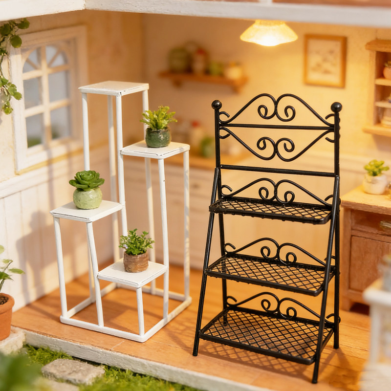 1:12娃娃屋迷你模型室外场景拍摄道具铁艺玩具 多层花架鞋架立架