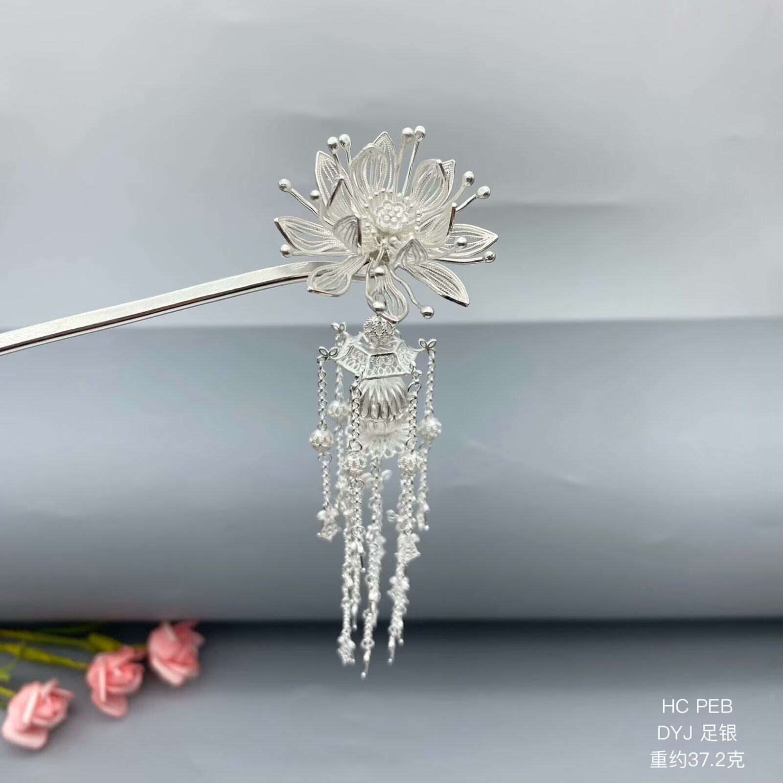 999纯银莲花宫灯流苏发簪非遗花丝步摇足银簪子新中式发钗头饰