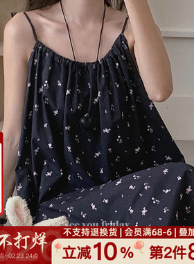 60支梭织棉法式黑色碎花圆领吊带睡裙宽松可外穿韩国2026夏季新款