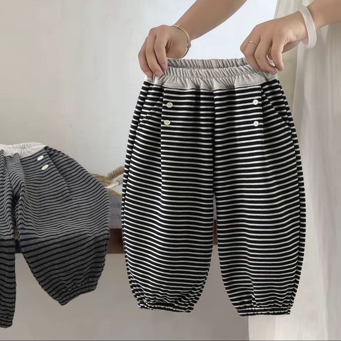 【一体绒】儿童加绒裤子2025秋冬新款男女童条纹撞色加绒裤HKZ021