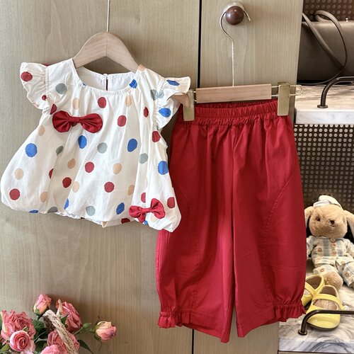 HHkids女童彩色波点蝴蝶结飞袖上衣26新款红色阔腿裤两件套ATZ297