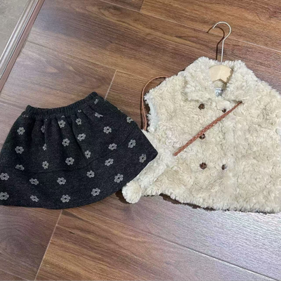 女童两件套韩版卷毛马甲+ 复古小花半身裙小童套装ETZ398