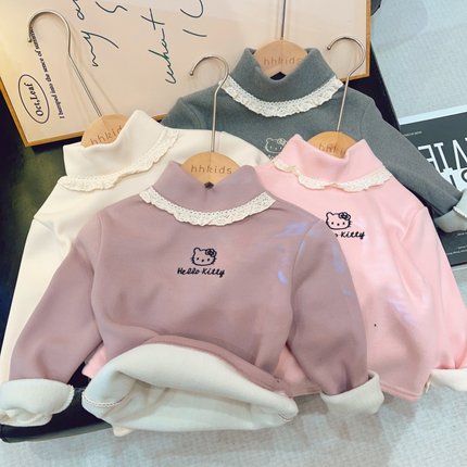 HHkids冬季必入加绒加厚花边打底衫女童半高领长袖t恤内搭ACT051