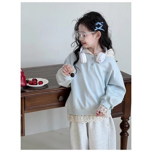 连帽外套HTZ373 HHkids2025新款 女童卫衣套装 韩版 蕾丝甜美上衣长袖