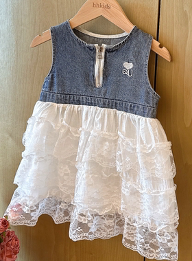 HHkids女童夏季蕾丝拼接牛仔裙夏2026新款韩版网纱裙连衣裙BQZ206