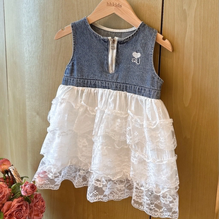HHkids女童夏季蕾丝拼接牛仔裙夏2026新款韩版网纱裙连衣裙BQZ206