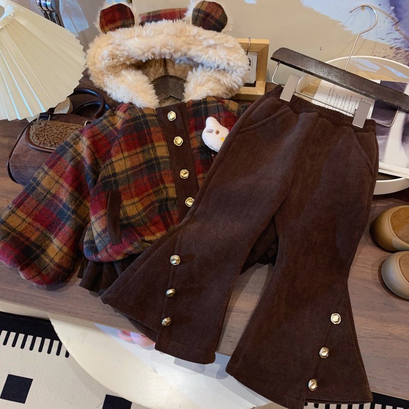 HHkids女童连帽毛领加绒长袖上衣+微喇裤套装2025冬季新款ETZ376,童装/婴儿装/亲子装,套装,淘宝优惠券,粉丝福利购,淘宝优惠卷