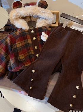 HHkids女童连帽毛领加绒长袖上衣+微喇裤套装2025冬季新款ETZ376