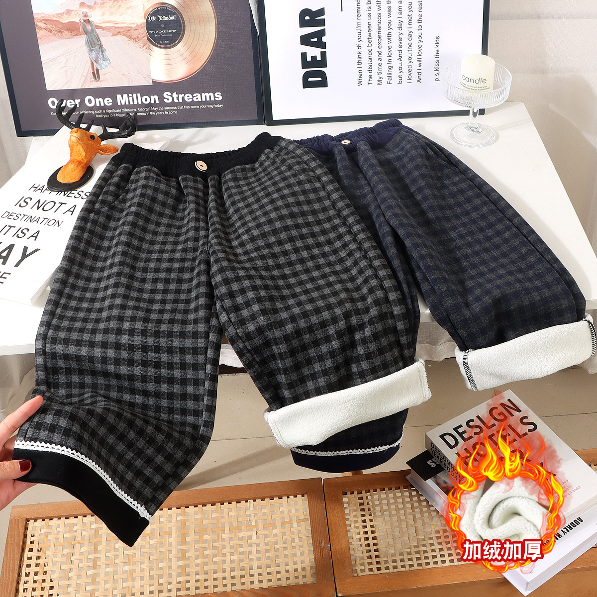 儿童秋冬季加绒裤加厚裤子宝宝格子长裤可爱童裤保暖裤AKZ329