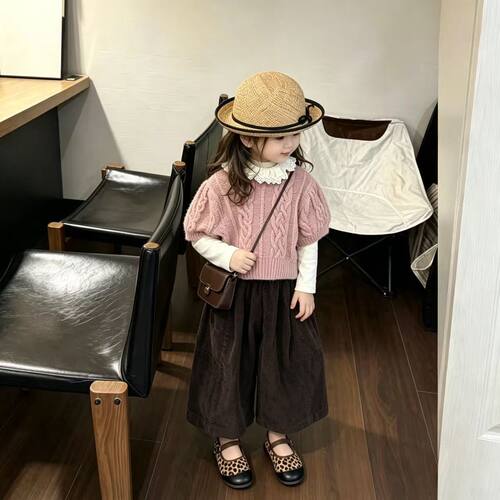 女童套装2026甜美粉色麻花针织上衣毛衣棕色阔腿裤三件套ETZ453