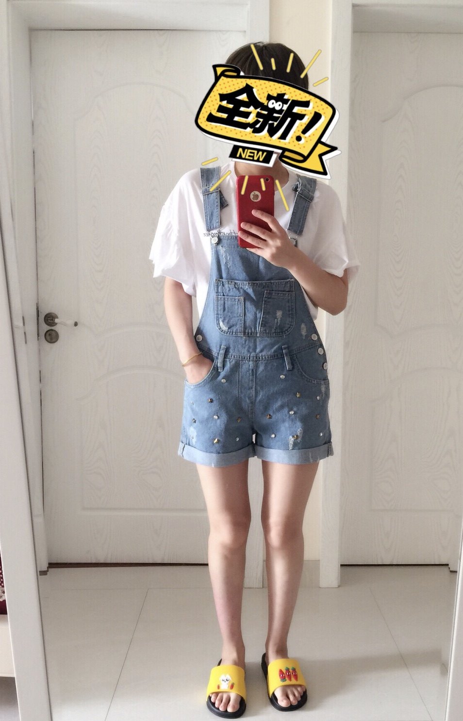 遇见柒月 韩国代购 钉珠背带牛仔短裤夏季通勤