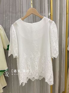 【遇见柒月】韩国代购夏款HEIZE蕾丝花边圆脸套头短袖衬衫上衣