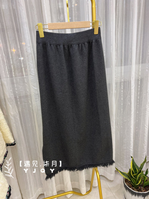 【遇见柒月】韩国代购 流苏开叉百搭羊毛半身长裙女士