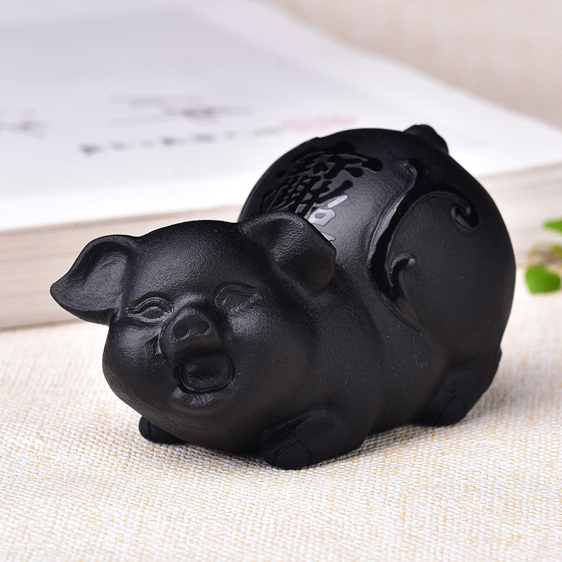 天然黑曜石猪召才进宝摆件立体雕刻办公门店开业乔迁新居装饰复古
