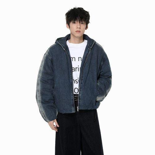 AKDAD美式渐变韩版复古男连帽保暖厚款拉链短款水洗牛仔棉服外套