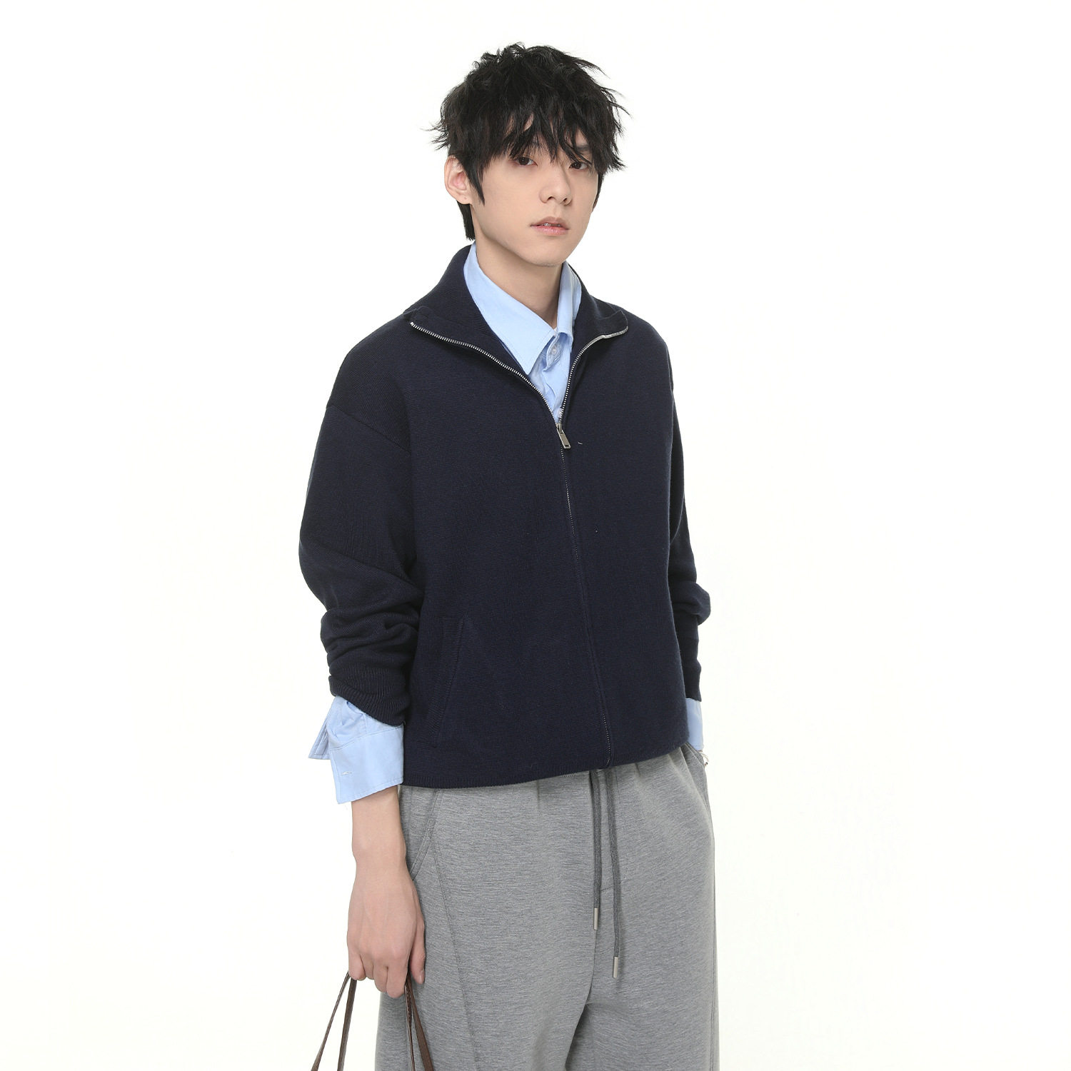 AKDAD韩系春季双拉链男翻领松弛简约慵懒风宽松针织毛衫休闲外套