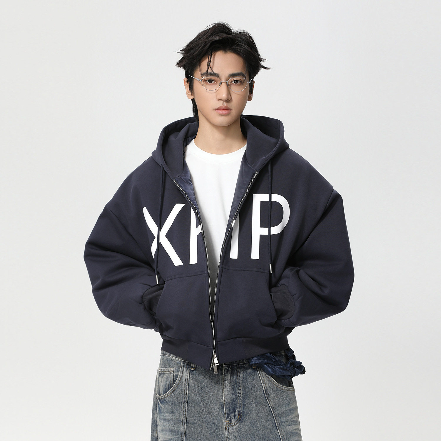 AKDAD美式字母印花连帽短款外套秋冬宽松百搭休闲480g重磅卫衣男