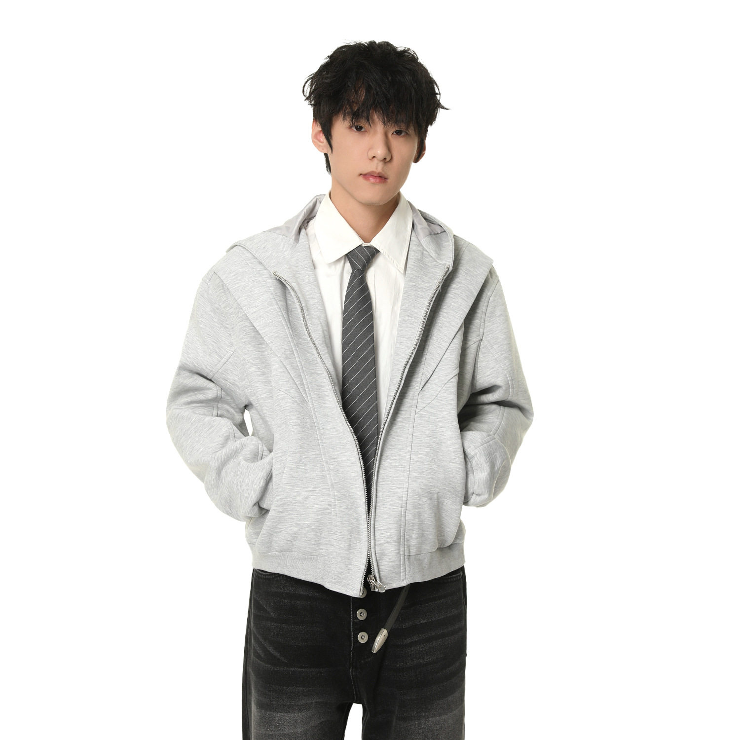 AKDAD美式纯色Cleanfit高街极简男连帽拉链开衫短款卫衣外套休闲