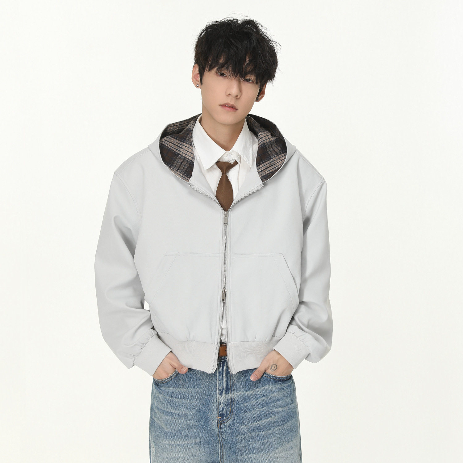 AKDAD复古小码男装格子撞色连帽卫衣短款双拉链宽松休闲外套百搭