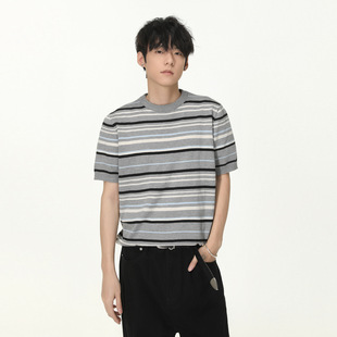 AKDAD撞色条纹老钱风气质小领口男短款T恤针织短袖上衣通勤日常潮