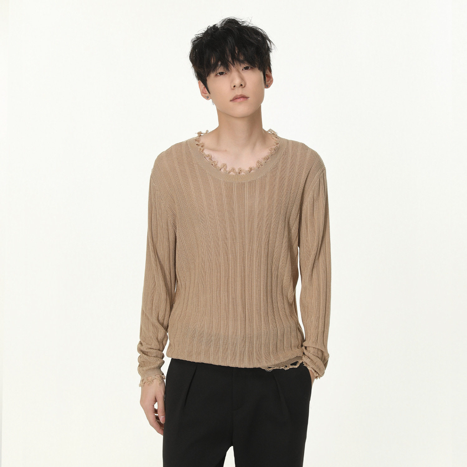 AKDAD时髦U领磨毛流苏内搭纯色春季慵懒男休闲修身长袖针织毛衣潮