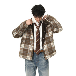 AKDAD美式夹克拼接皮领男格子仿羊羔毛秋冬小立领纽扣衬衣外套潮