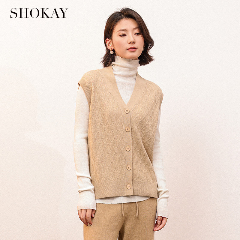 SHOKAY绣嘉【100%牦牛绒】开衫马甲V领女复古提花早春季保暖时尚