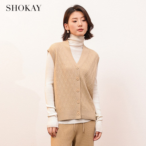 SHOKAY牦牛绒提花V领开衫马甲