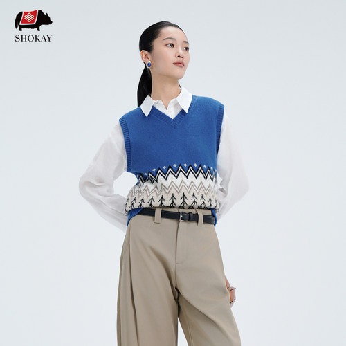 V领森林树纹撞色针织马甲女上衣