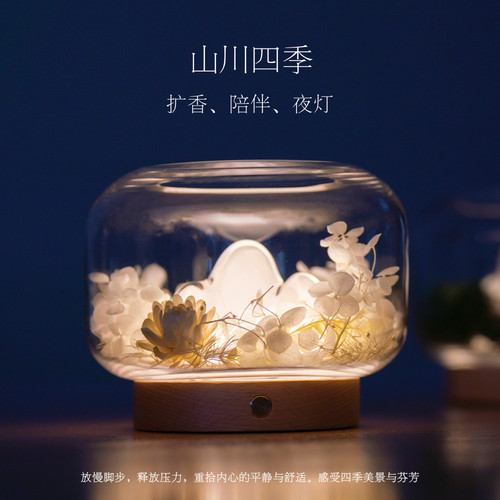 无火扩香精油助眠创意小夜灯室内晶石干花香薰礼盒送礼山川四季
