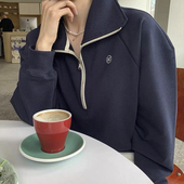 Ryanj深蓝翻领卫衣韩国小众设计感卫衣短款 廓形小个子灯笼袖 套头