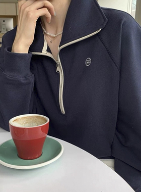 Ryanj深蓝翻领卫衣韩国小众设计感卫衣短款廓形小个子灯笼袖套头