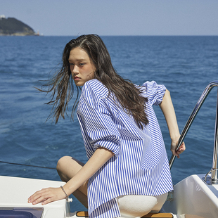 ins 字母刺绣男友衬衫 Ryanj小众设计感条纹衬衫 海军风水手条纹衬衫