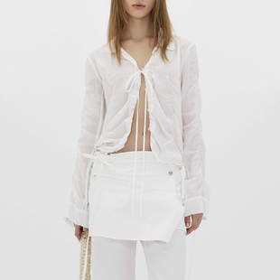 小上衣设计感小个子露脐条纹ins 褶皱短款 Blue韩味纯欲系带衬衫